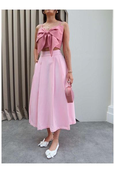 ESRAHELVACI Pink Flared Thick Pleated Midi Skirt