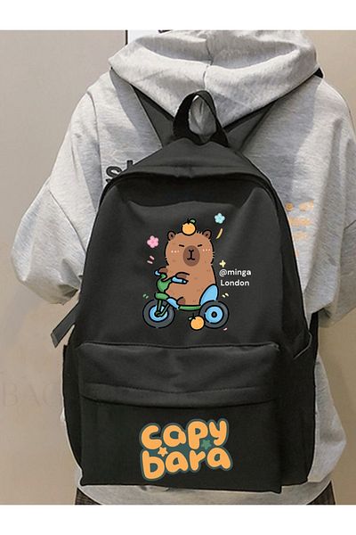 Minga London Μαύρο Capybara Bicycle Bottom Top Printed School, Τάξη, Σακίδιο πλάτης με στάμπα μαθημάτων -Minga London