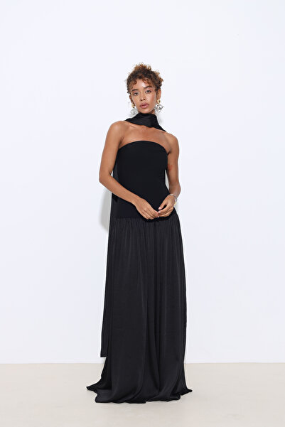 Mozto Juliette Pleated Shawl Strapless Black Evening Dress