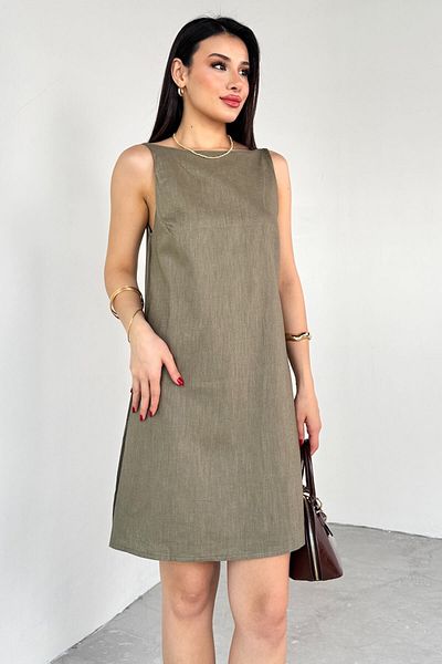 Cappmoda ELB-01779 Μίνι φόρεμα από λινό χακί χωρίς πλάτη