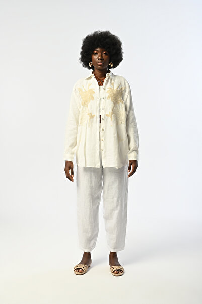 Orfeo Negro KADIN NAKIŞ İŞLEMELİ EKRU RENK %100 KETEN OVERSİZE KESİM GÖMLEK