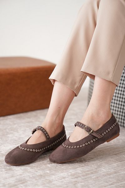 Moda Değirmeni Balerini clasici cu talpă plată pentru femei din piele intoarsa maro MD1165-111-0001