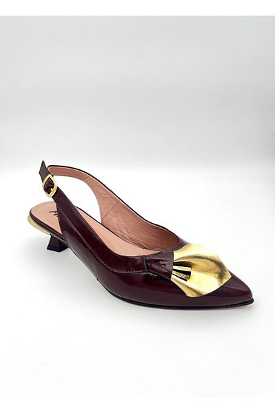 Mariolucci Women's Low Heeled Shoes Bow Detailed Burgundy Patent Leather (Gold Bow) Genuine Leather