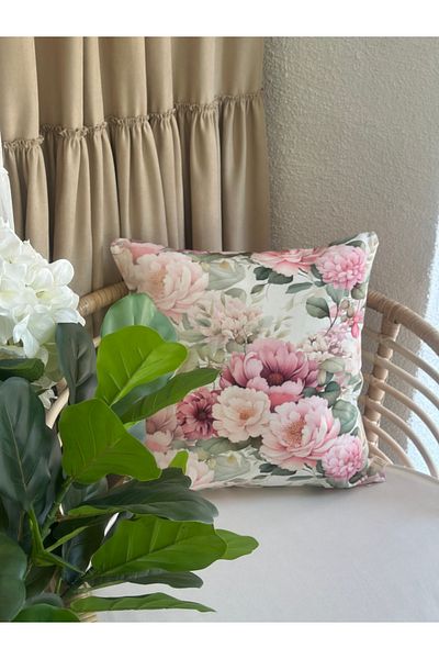 Decamor home Floral Patterned Pink Ecru Plain Throw Pillow Cover