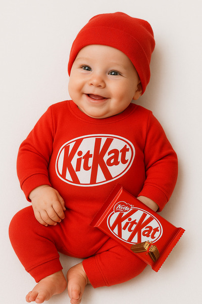 VERONA TARZ Baby Girl and Boy Long Sleeve Kitkat Chocolate Themed Jumpsuit with Hat 2 Piece Newborn Outfit Without Booties
