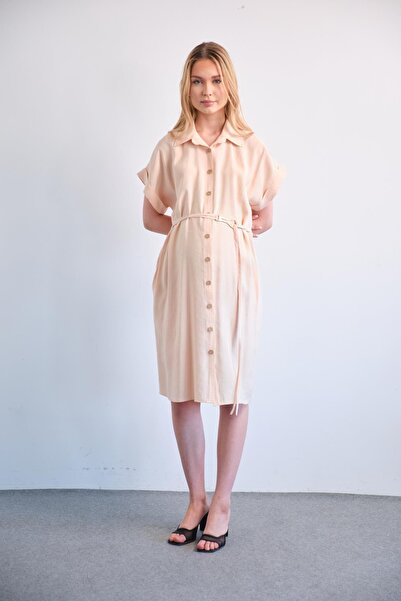 BUSA Κοντομάνικο Midi φόρεμα εγκυμοσύνης με κουμπιά ΚΡΕΜΑ