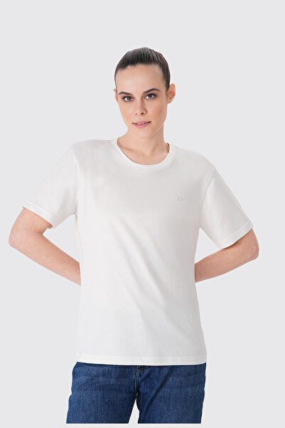 UNIQVIBE Basic %100 Organik Pamuk Kadın Logolu Beyaz Tişört