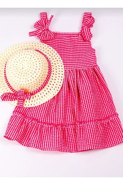 Esterella Girl's Dress / Seersucker Gingham Hat Set Dress / Girl's Dress with Suspenders