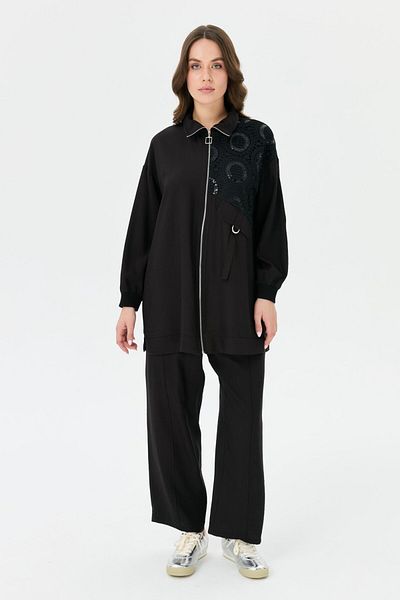 Esswaap Lace Garnished Zipper Closure Trousers Suit Black