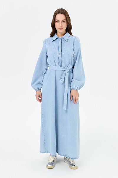 Esswaap Rochie de denim cu perle albastre