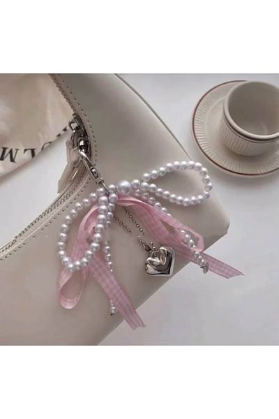 synshop Pearl Heart Pink Keychain Shoe Phone Bag Ornament Carm Accessory Ribbon Ribbon