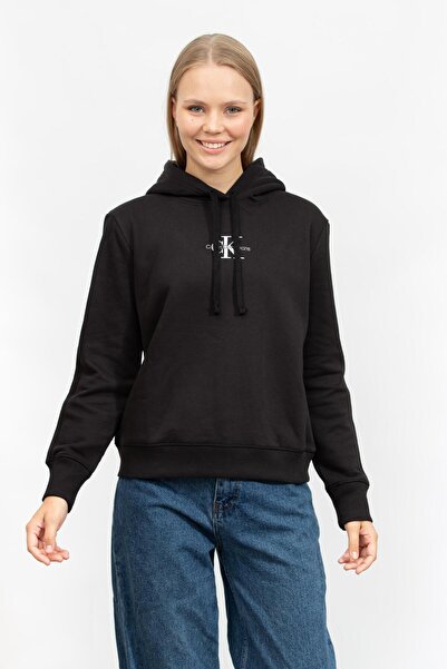 Calvin Klein Women's Black REGULAR FIT MONOLOGO Hoodie Sweatshirt