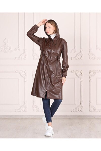 HARMAN BUTİK Women's Leather Hooded Coat