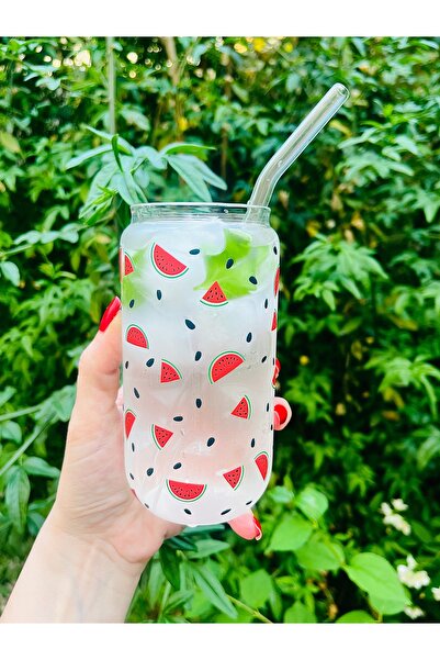 Caga Pinterest Watermelon Patterned Borosilicate 2 Glasses Coffee and Serving Glass with Glass Straw