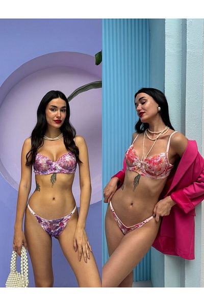 Cansoy Set de broderie dublu fără șapcă imprimat roz-violet (690TK)