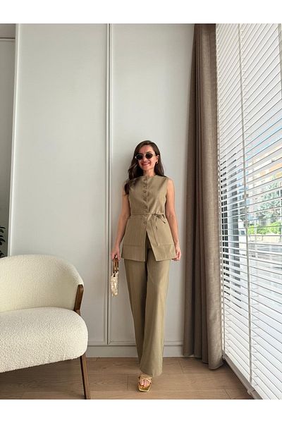 My Blog Khaki Double Pocket 100% Cotton Vest Trousers Set - 8602