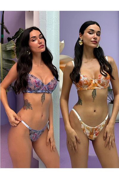 Cansoy Set de broderie albastru-portocaliu imprimat fără șapcă (690TK)
