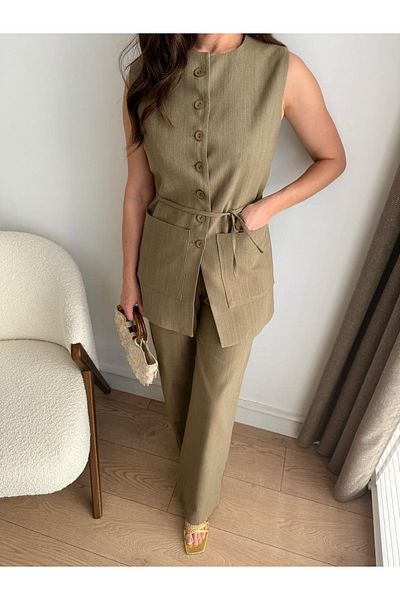 My Blog Khaki Double Pocket 100% Cotton Vest Trousers Set - 8602