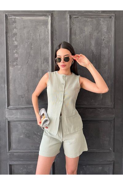 ZF BUTİK Vest Shorts Double Linen Set