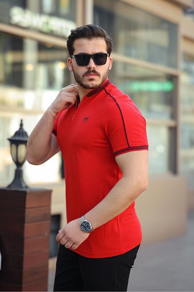 Miron Red College Collar Half Zipper Short Sleeve T-Shirt- 2408