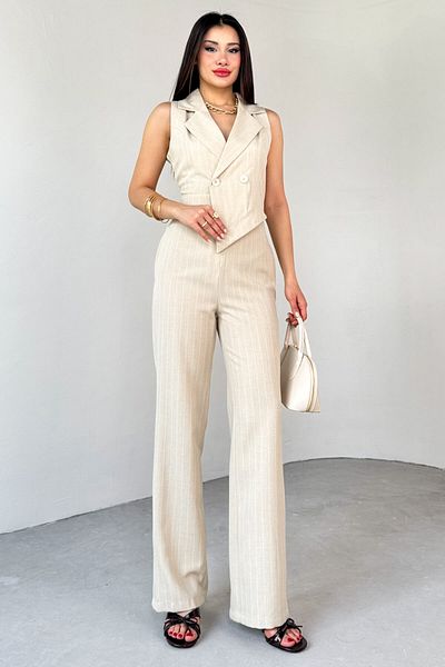 Cappmoda Elb-01778 Stone Color Flap Collar Asymmetrical Cut Zero Sleeve Jumpsuit
