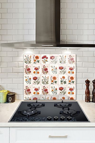 Decorita Protector de spate pentru aragaz din sticla |   Model de țiglă florală |   52 cm x 60 cm