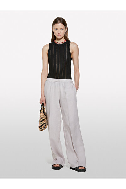 Sisley Women's Gray 100% Linen Elastic Waist Pleated Wide Leg Trousers