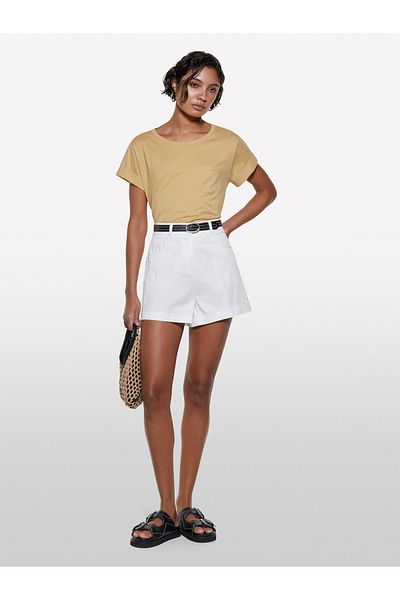 Sisley Women's Paper Bag 100% Cotton Wide Crew Neck Slim Fit Plain T-Shirt