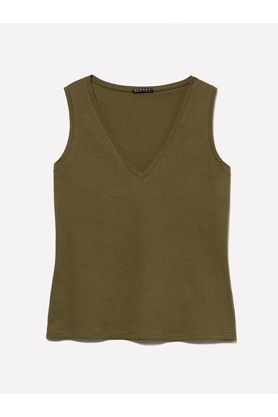 Sisley Women's Dark Khaki 100% Cotton Thick Strap V-Neck Tank Top