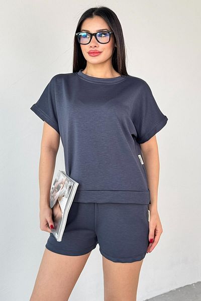Cappmoda Tkm-0021 Smoked t Sleeve Model Bicycle Collar T-Shirt Waist Elastic Rope Tied Pocket Shorts Two-Piece Set