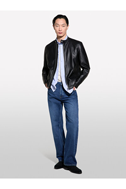 Sisley Ανδρικό μαύρο δερμάτινο μπουφάν με λεπτομέρεια με λογότυπο Biker