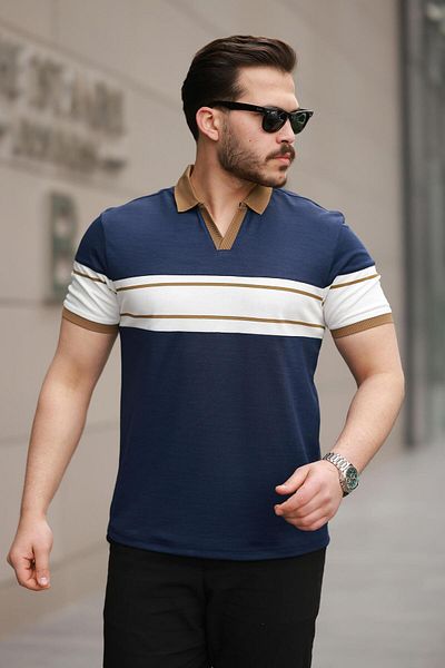 Miron Navy Blue White Two Color Polo Neck Short Sleeve T-Shirt-2514