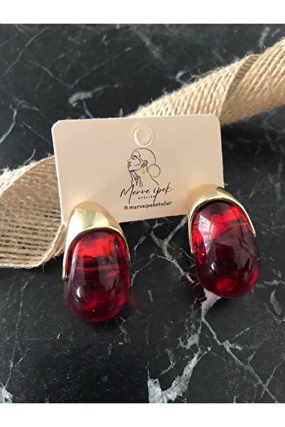 shop KIRMIZI GOLD DOĞAL TAŞ DETAYLI PARLAK BÜYÜK DAMLA KÜPE