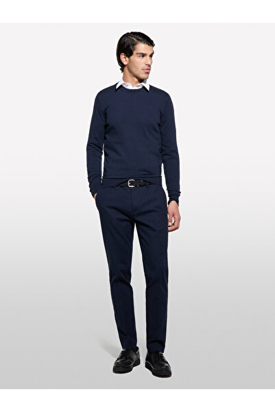 Sisley Erkek Koyu Lacivert Streç Pamuklu Logo Detaylı Slim Fit Chino Pantolon