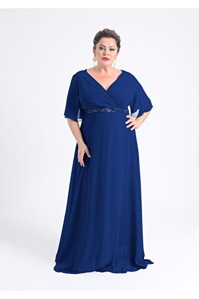 LİLAS XXL Büyük Beden Lacivert Renkli Uzun Şifon Abiye Elbise