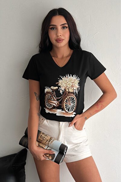 FEMELLE Women's Black V-Neck Bicycle Sequin Embroidered 100% Cotton T-Shirt
