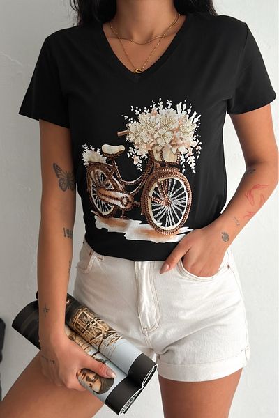 FEMELLE Tricou negru pentru femei, cu decolteu în V, cu paiete, brodat, 100% bumbac