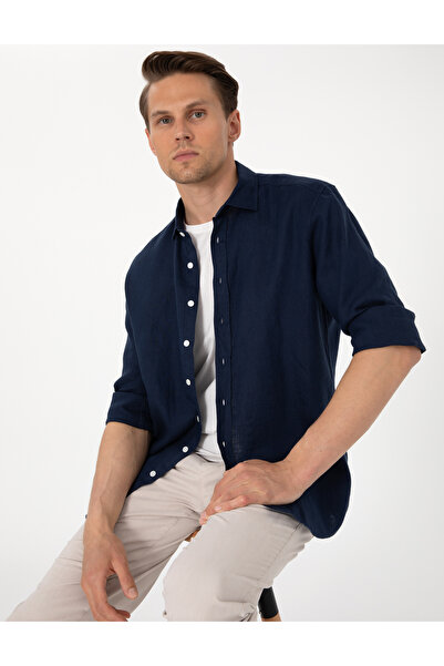 Pierre Cardin Lacivert %100 Keten Regular Fit Uzunkollu Gömlek 50303293-VR033