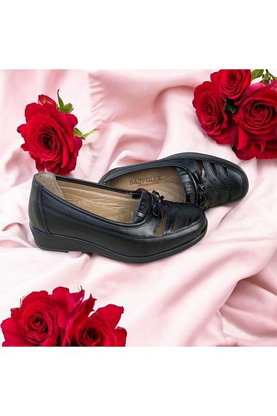 Ayakkabı Bahçesi Black Summer Orthopedic Leather Sole Ballerina Mother's Shoes Special for Heel Spurs