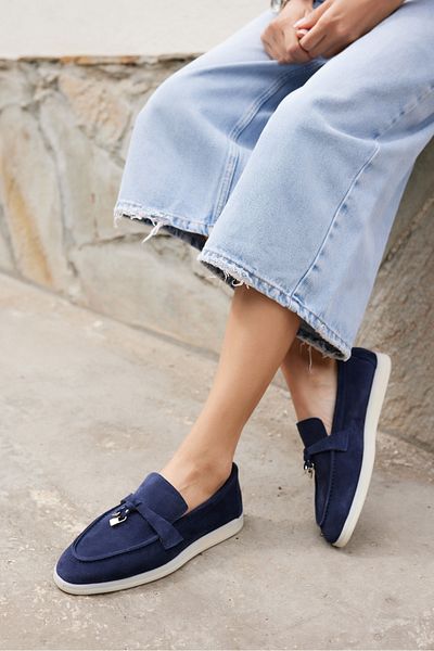 ANGELİNA JONES Casado Women's Navy Blue Real Suet Loafer Shoes
