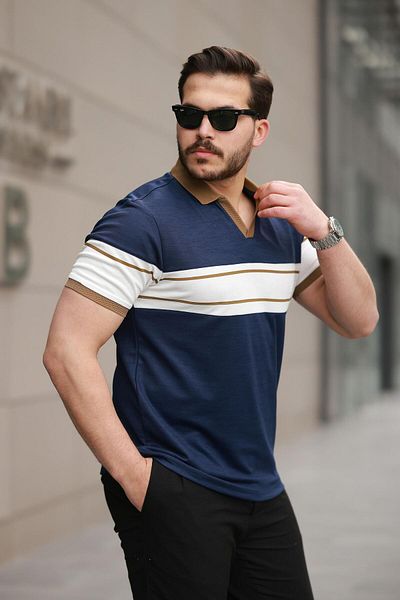 Miron Navy Blue White Two Color Polo Neck Short Sleeve T-Shirt-2514
