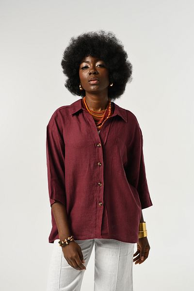 Orfeo Negro Women's 100% Linen Three Quarter Sleeve Solid Color Single Pocket Shirt