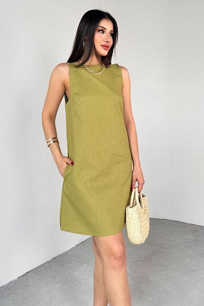 Cappmoda ELB-01779 Μίνι φόρεμα με λινό λαδί πράσινο χωρίς πλάτη