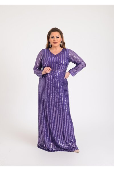 LİLAS XXL Büyük Beden Mor Renkli Payetli Likralı Uzun Abiye