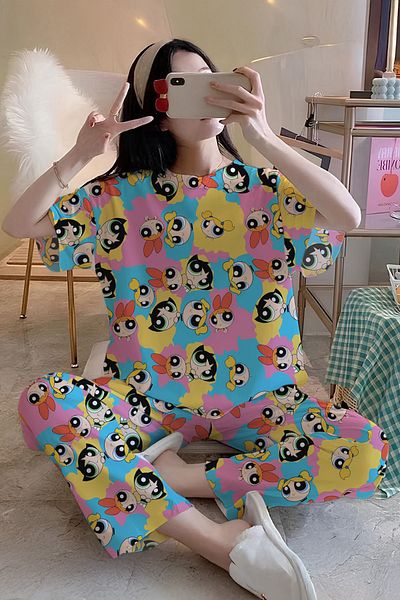 Rasabeauty Short Sleeve Colorful Patterned Super Soft Single Jersey Pajama Set
