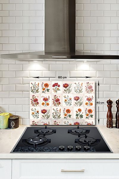 Decorita Protector de spate pentru aragaz din sticla |   Model de țiglă florală |   40 cm x 60 cm
