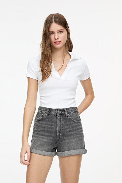 Pull & Bear Mom fit paçası kıvrık denim şort