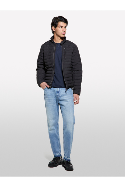 Sisley Men's Black Zipper and Logo Detailed Slim Fit Coat