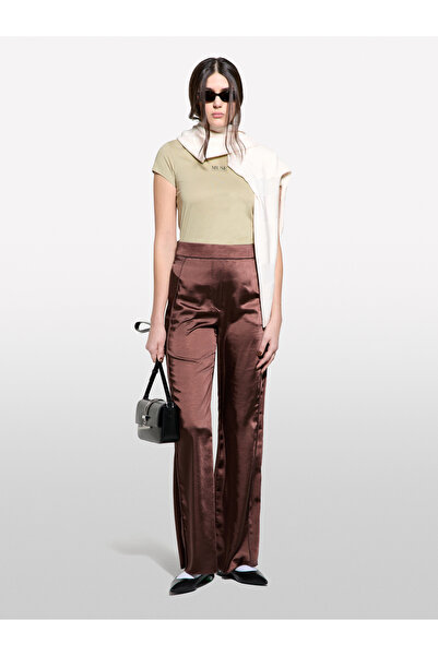 Sisley Γυναικείο σατέν σκούρο καφέ παντελόνι palazzo