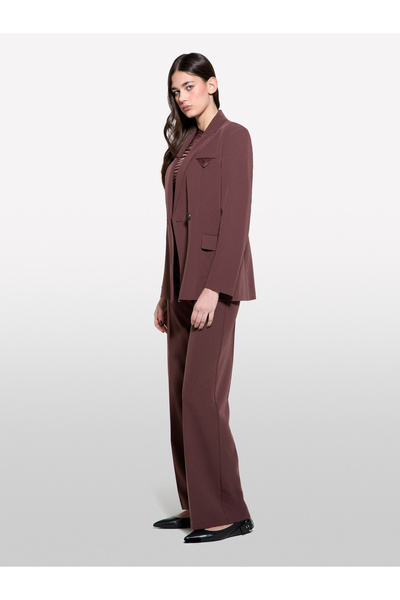 Sisley Kadın Koyu kahverengi Streç Viskozlu Düğme Detaylı Regular Fit Blazer Ceket